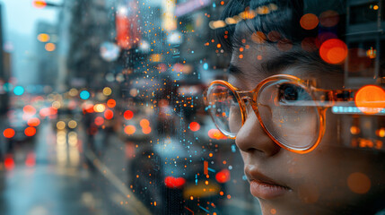 Urban Dreamscape: Youthful Vision Amidst City Lights and Rain