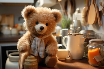A tiny disposable teddy bear with a charming expression sitting on a kitchen counter