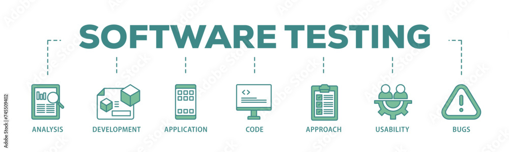 Aufkleber software testing banner web icon illustration concept with icon of bugs, code, usability, approach, 