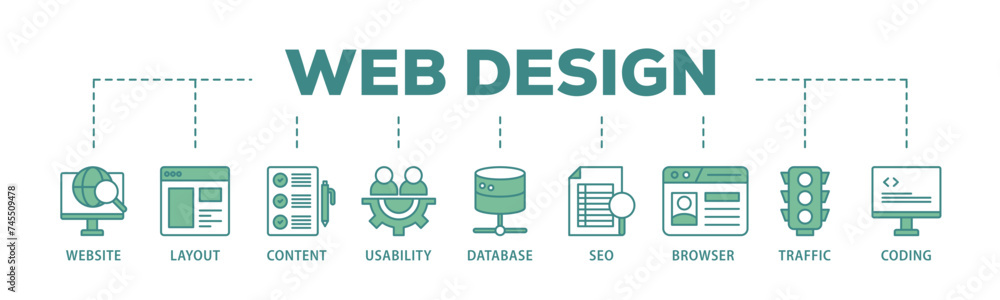 Poster web design banner web icon illustration concept with icon of coding, traffic, browser, usability, se