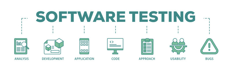 Software testing banner web icon illustration concept with icon of bugs, code, usability, approach, application, development, analysis icon live stroke and easy to edit 