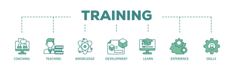 Training and development banner web icon illustration concept with icon of trainer, professional development, supervisory, trainee, instructor, coaching  icon live stroke and easy to edit 