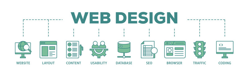 Web design banner web icon illustration concept with icon of coding, traffic, browser, usability, seo, database, content, layout, website icon live stroke and easy to edit 