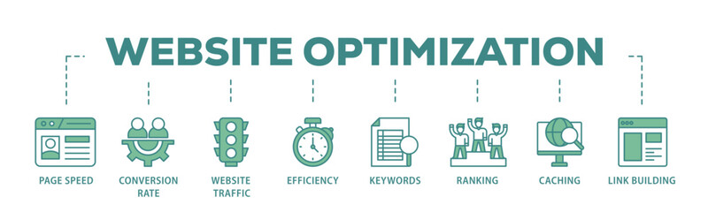 Website optimization banner web icon illustration concept with icon of page speed, conversion rate, website traffic, efficiency, keywords, ranking, caching  icon live stroke and easy to edit  © Tiger