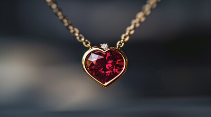 a heart necklace with a large ruby red heart shaped diamond