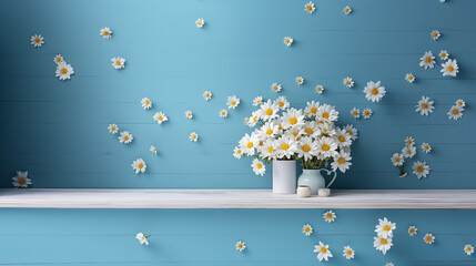 pring flower wallpaper collection with white and yellow Chrysanthemum on blue wooden.