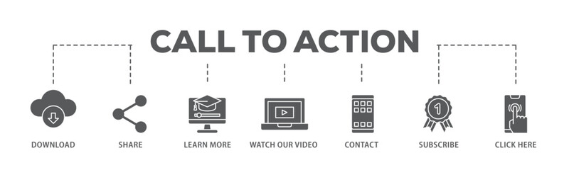 Call to action banner web icon illustration concept with icon of  click here, watch our video, subscribe, contact, learn more, share, download icon live stroke and easy to edit 