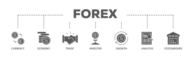 Fototapeta na wymiar Forex banner web icon illustration concept with icon of currency, economy, trade, investor, growth, analysis and stockbroker icon live stroke and easy to edit 