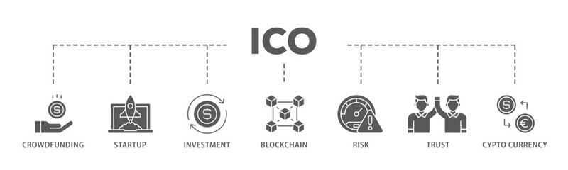 ICO banner web icon illustration concept with icon of crowdfunding, startup, investment, blockchain, risk, trust and cypto currency icon live stroke and easy to edit 
