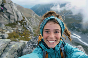 Fototapeta na wymiar a young female hiker with a smile on her face, looking at the camera and capturing a selfie portrait at the mountain summit