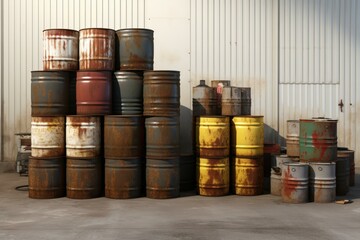 Oil barrels metal black color. Fuel tanks. Generate AI