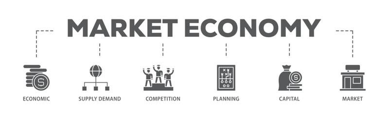 Market economy banner web icon illustration concept with icon of economic, supply demand, competition, planning, capital, market icon live stroke and easy to edit 