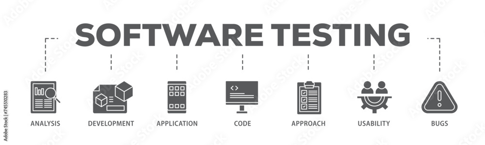 Poster software testing banner web icon illustration concept with icon of bugs, code, usability, approach, 