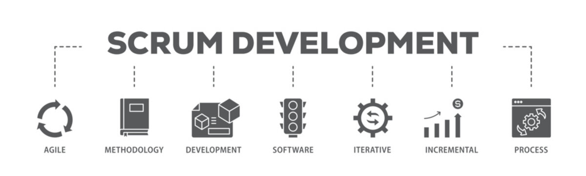 Scrum development banner web icon illustration concept with icon of agile, methodology, development, software, iterative, incremental and process icon live stroke and easy to edit 