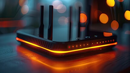 A glowing Wi-fi router in the room on a blurred background. - obrazy, fototapety, plakaty