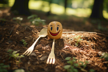 A lovable disposable spoon with a smiling face design on a picnic blanket - obrazy, fototapety, plakaty