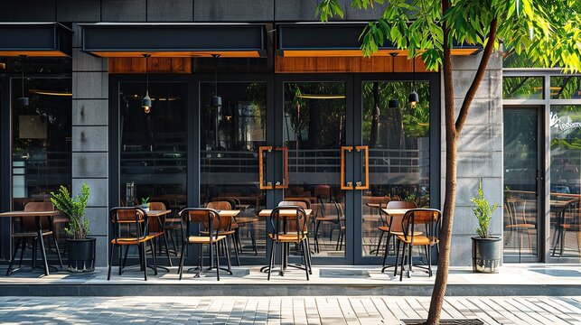 Front of modern restaurant building