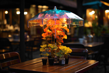 A cute and tiny disposable umbrella resting on a cafe table - obrazy, fototapety, plakaty
