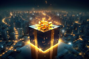 Night festive cityscape scene with blue present. Skyscrapers and gift box with golden ribbon bow. Sale and discount. Online shopping and online store concept