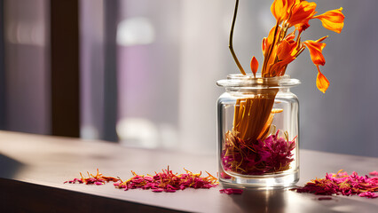 The most Expensive spice Dry Saffron Stamens filled in a Glass Jar