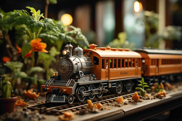 A small, adorable single train toy positioned on a table, surrounded by a miniature 3D scene featuring a tiny tree, capturing the charm of a delightful playtime setup