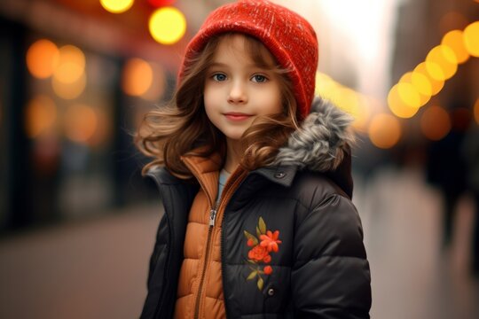 A portrait of a cute little girl in a red hat and jacket on the street.
