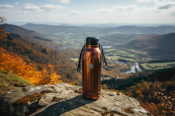 A reusable aluminum sports bottle with a carabiner clip, resting on a hiking trail