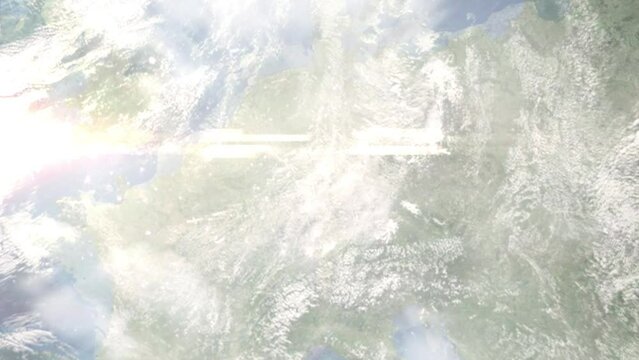Earth zoom in from space and focus on Rodgau, Germany. 3D Animation. Satellite view. Background for travel intro. Images from NASA
