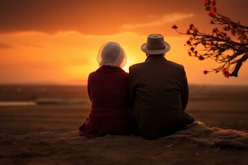 Senior old couple sunset. Female active. Generate Ai