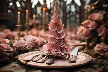 A whimsical disposable cake server with a fairy-tale inspired design on a dessert table