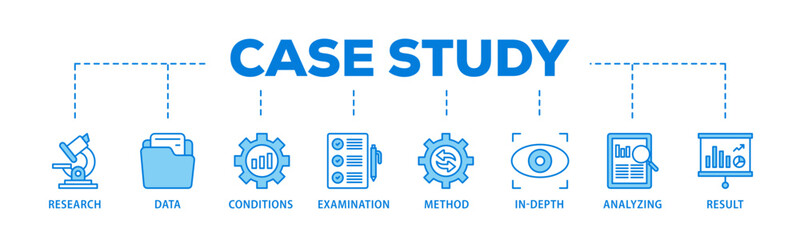 Case study banner web icon illustration concept with icon of research, data, conditions, examination, method, in depth, analyzing, and result icon live stroke and easy to edit 