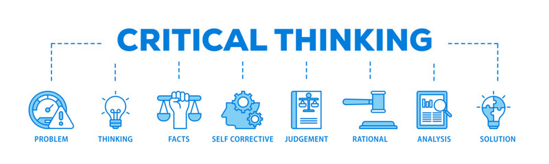 Critical thinking banner web icon illustration concept with icon of solution, analysis, self corrective, rational, judgement, facts, thinking, problem icon live stroke and easy to edit 
