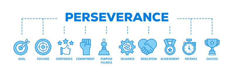 Perseverance banner web icon illustration concept with icon of goal, focused, confidence, commitment, purposefulness, diligence, dedication, achievement icon live stroke and easy to edit 