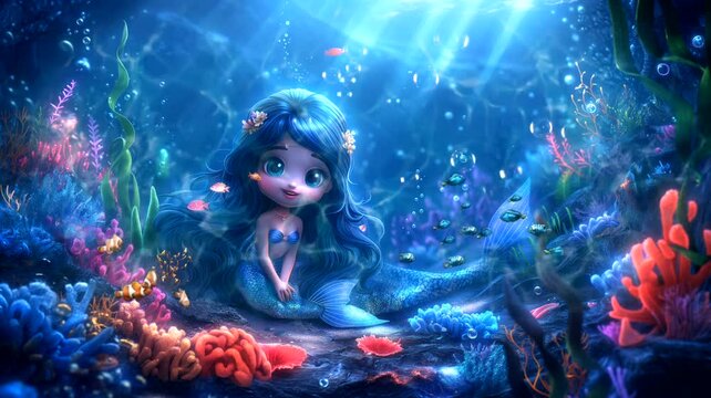 Cute little mermaid undersea. Seamless looping time-lapse 4k video animation background