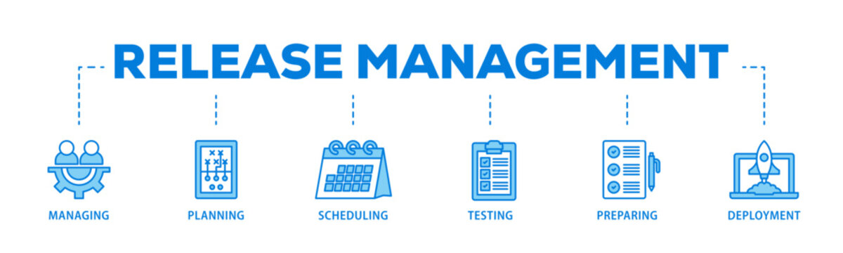 Release management banner web icon illustration concept with icon of managing, planning, scheduling, building, testing, preparing and deployment icon live stroke and easy to edit 