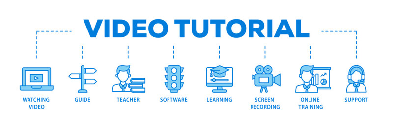 Video tutorial banner web icon illustration concept with icon of watching video, guide, teacher, software, learning, screen  recording, online training, support icon live stroke and easy to edit 