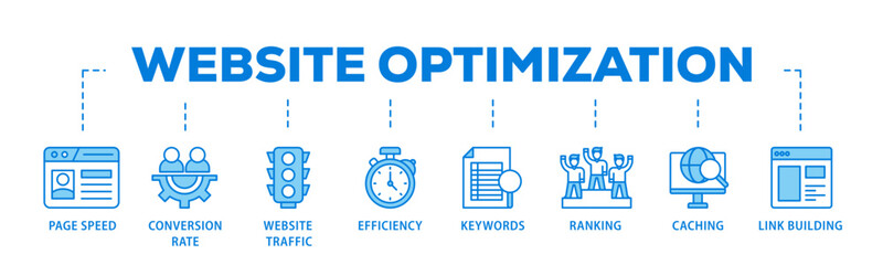 Website optimization banner web icon illustration concept with icon of page speed, conversion rate, website traffic, efficiency, keywords, ranking, caching  icon live stroke and easy to edit  © Tiger