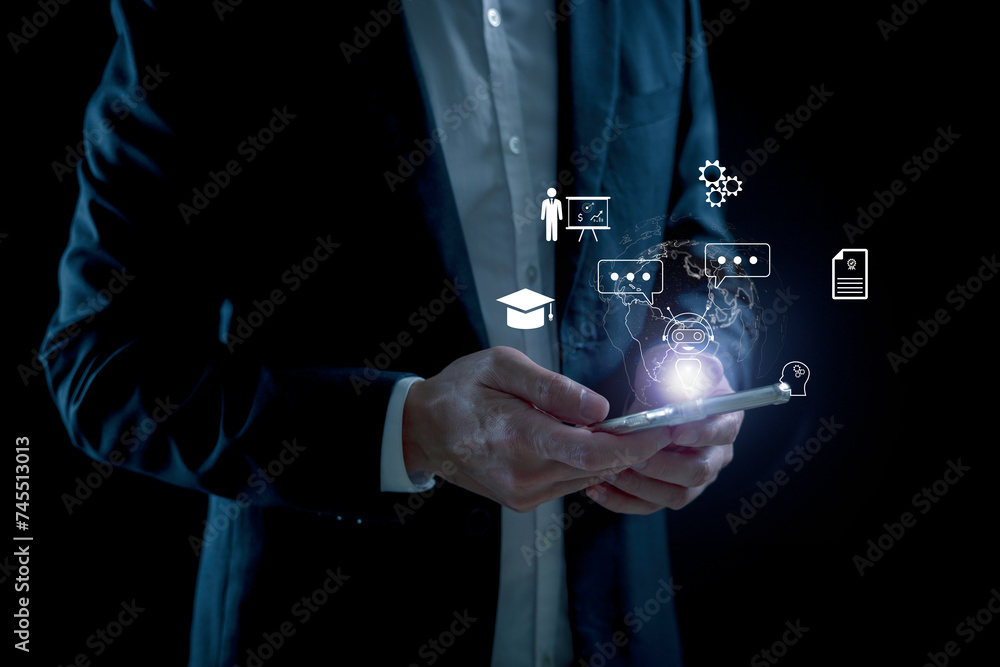 Poster ai tech, businessman show virtual graphic global internet connect ai, artificial intelligence futuri