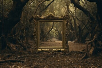 Fototapeta premium Old frame cinematic in wilderness dark forest. Film scene in mystical wild nature. Generate ai