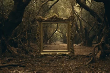 Fototapeten Old frame cinematic in wilderness dark forest. Film scene in mystical wild nature. Generate ai © juliars