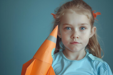 Creative happy caucasian child boy holding a space rocket made of orange paper, kid and science...