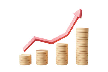 3D rendered illustration of financial concepts depicting growth and development and investment with graph icons and stack of dollar gold coins isolated on transparent background. for business success