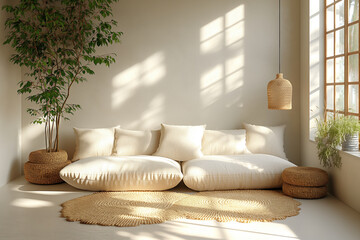 Stylish interior design of modern apartment. Interior mockup. Boho interior design. Generative AI