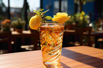 A unique and eye-catching disposable straw with a spiral design in a refreshing drink on a patio - obrazy, fototapety, plakaty
