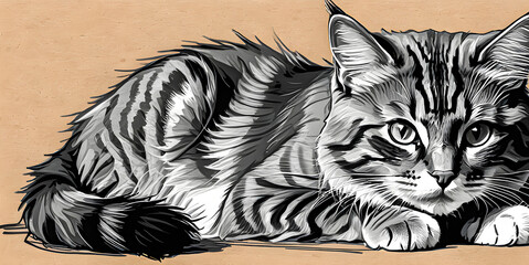Black and white portrait of a striped cat. A cat lying alone. Cat illustration.