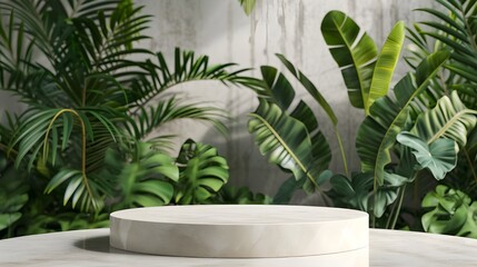 podium stand with tropical leaves background. Empty natural stone pedestal platform to display beauty product. Mockup. advertising.