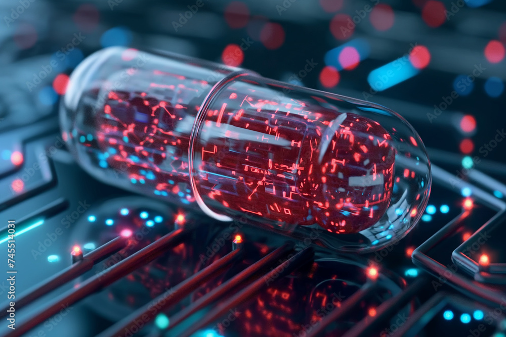 Poster electronics network: components on circuit board concept ai-enhanced pills for future healthcare