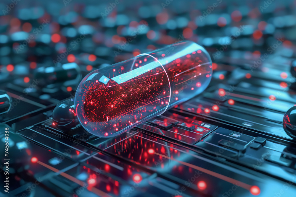 Poster electronics network: components on circuit board concept ai-enhanced pills for future healthcare