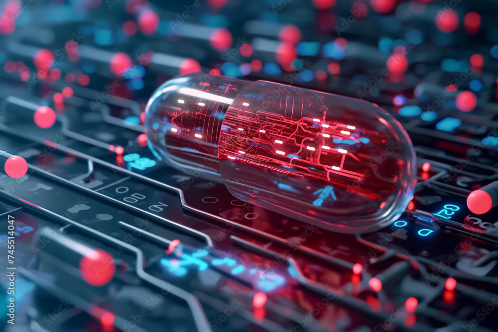 Poster electronics network: components on circuit board concept ai-enhanced pills for future healthcare