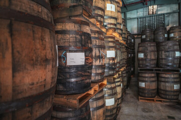 Wooden barrels filled with aging Puerto Rican rum